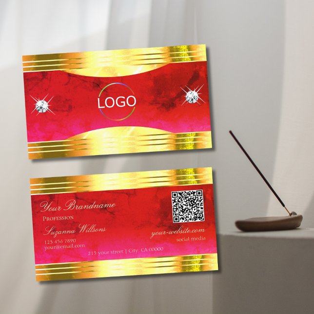 Classy Red Marble Shiny Gold Borders Logo QR Code Visitenkarte (Von Creator hochgeladen)