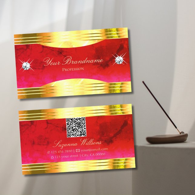 Classy Red Marble Shiny Gold Borders mit QR Code Visitenkarte (Von Creator hochgeladen)