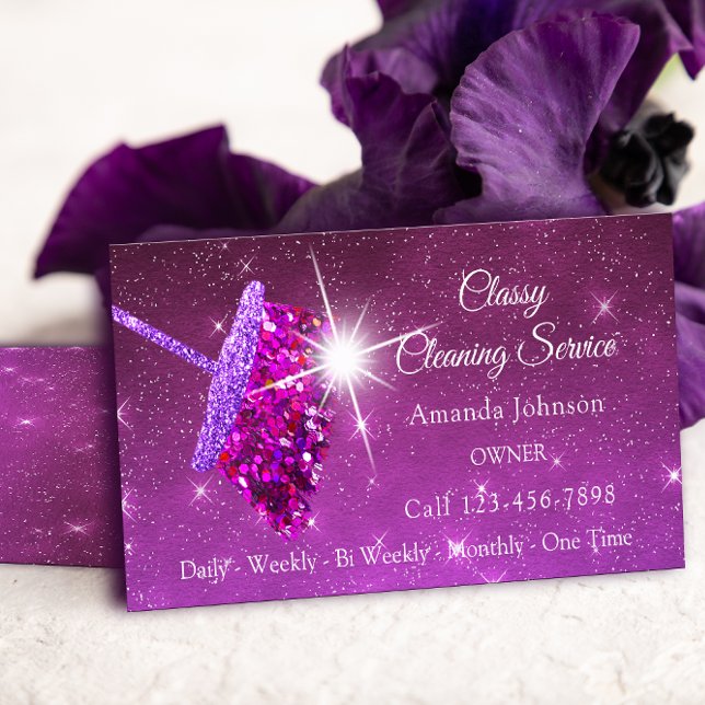 Classy Reinigungsdienste Pinke Lila Glitzer Hausha Visitenkarte (Classy Cleaning Services Pink Purple Glitter Maid Business Card)