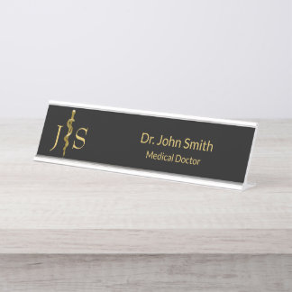 Classy Rod of Asclepius Gold auf schwarzem Medizin Schreibtischnamensplakette