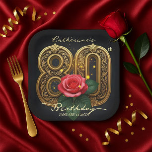 Classy Rote Rose und Gold Filigree 80. Geburtstag Pappteller