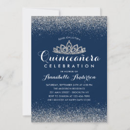 Classy Royal Blue Quinceañera Silver Tiara Glitzer Einladung