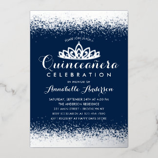 Classy Royal Blue Quinceañera Silver Tiara Glitzer Folieneinladung