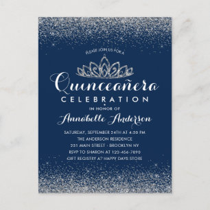 Classy Royal Blue Quinceañera Silver Tiara Glitzer Postkarte
