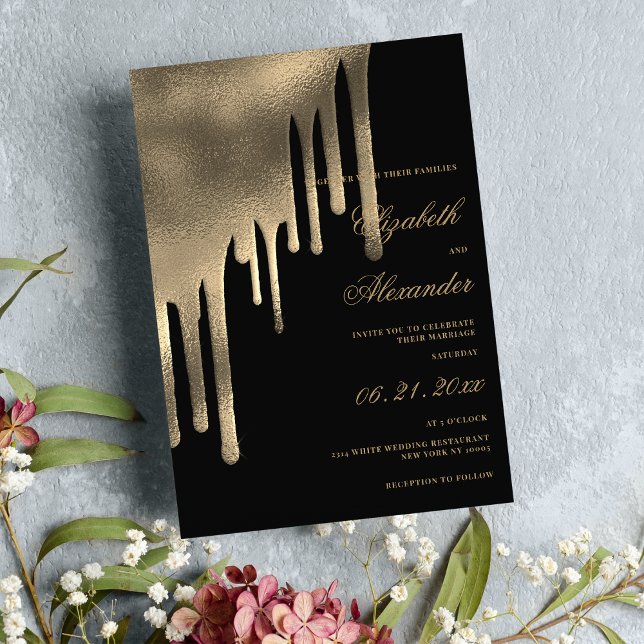 Classy Schwarz-Gold-Gradienten Tropfen Hochzeitthe Einladung (Classy black gold gradient drips wedding theme invitation )