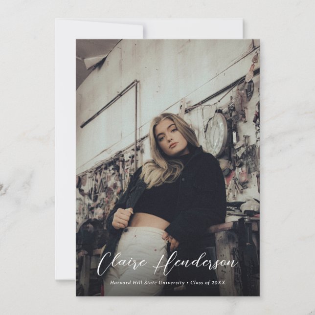 Classy Script Mustard Foto Collage Abschluss Ankündigung (Vorderseite)