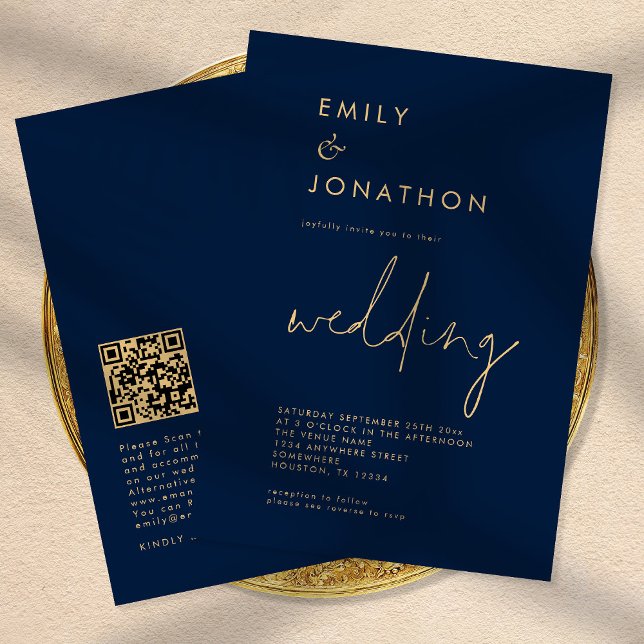 Classy Script QR Code Navy Gold Wedding Einladung (Von Creator hochgeladen)