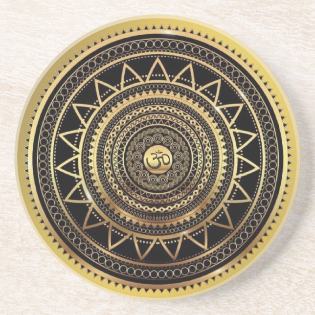 Classy Shiny Black & Gold OM Symbol Mandala Getränkeuntersetzer (Vorne)