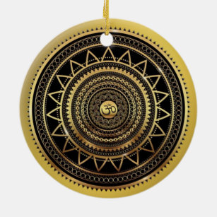 Classy Shiny Black & Gold OM Symbol Mandala Keramik Ornament