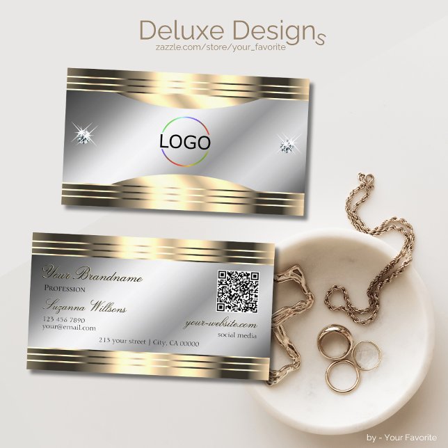 Classy Silver and Gold Shiny Diamonds Logo QR Code Visitenkarte (Von Creator hochgeladen)