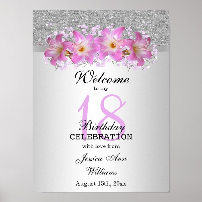 Classy Silver & Belladonna Lilies 18. Geburtstag Poster (Vorne)