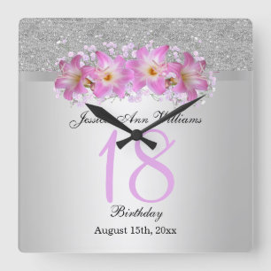 Classy Silver & Belladonna Lilies 18th Birthday   Quadratische Wanduhr