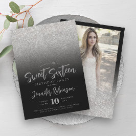 Classy Silver Black Glitzer Foto Sweet 16 Einladung