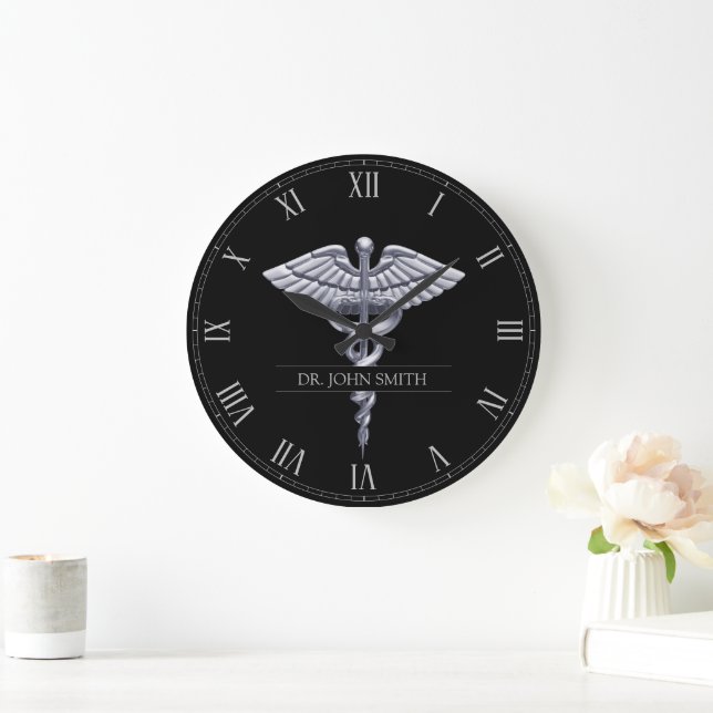 Classy Silver Caduceus auf Black Medical Große Wanduhr (Zuhause)