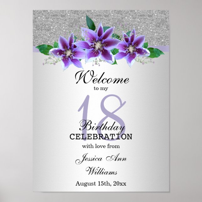 Classy Silver & Clematis Blume 18. Geburtstag Poster (Vorne)