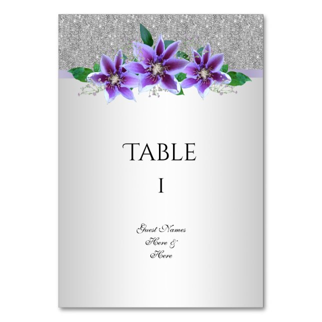 Classy Silver & Clematis Blume 18. Geburtstag Tischnummer (Vorderseite)