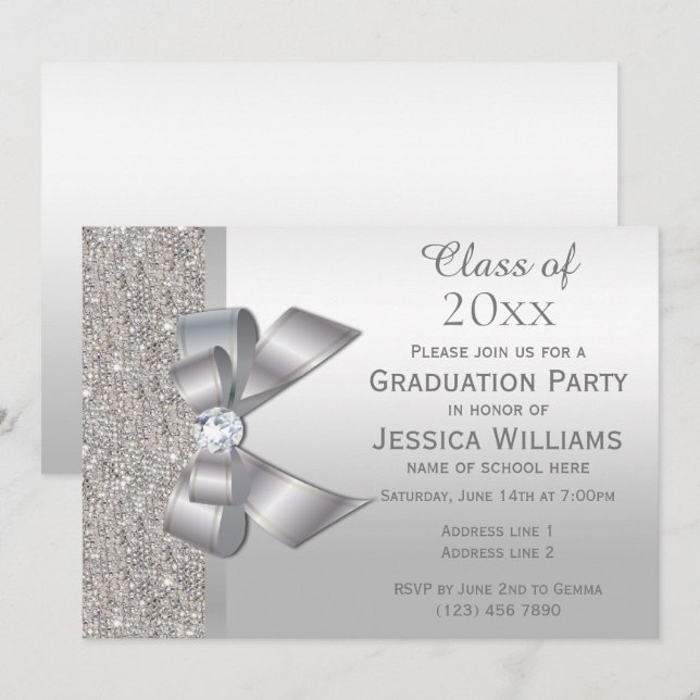 Classy Silver Gem Bow, Silver Sequins Abschluss Einladung (Vorne/Hinten)