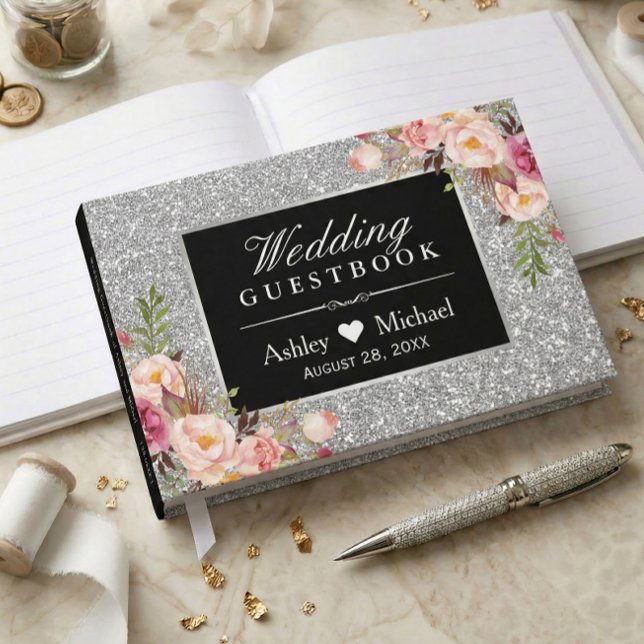 Classy Silver Imitats Glitzer Glitzern Blumenhochz Gästebuch (Von Creator hochgeladen)