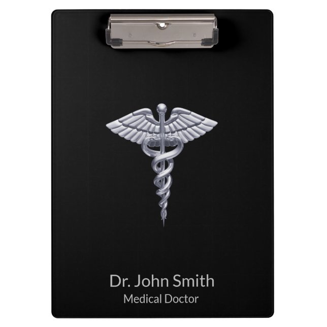 Classy Silver Medical Caduceus on Black Klemmbrett (Vorderseite)
