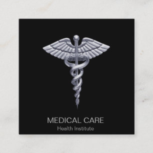 Classy Silver Medical Caduceus on Black Quadratische Visitenkarte