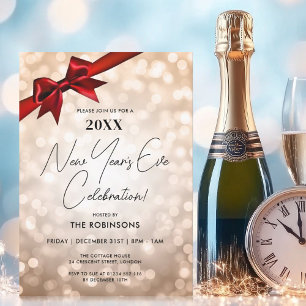 Classy Silvester Party Copper Bokeh Red Bow Einladung