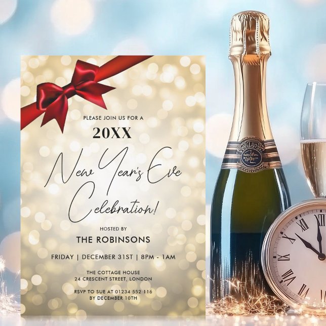 Classy Silvester Party Gold Bokeh Red Bow Einladung (MODERN New Years Eve Party Green Bokeh Gold Bow Invitation)