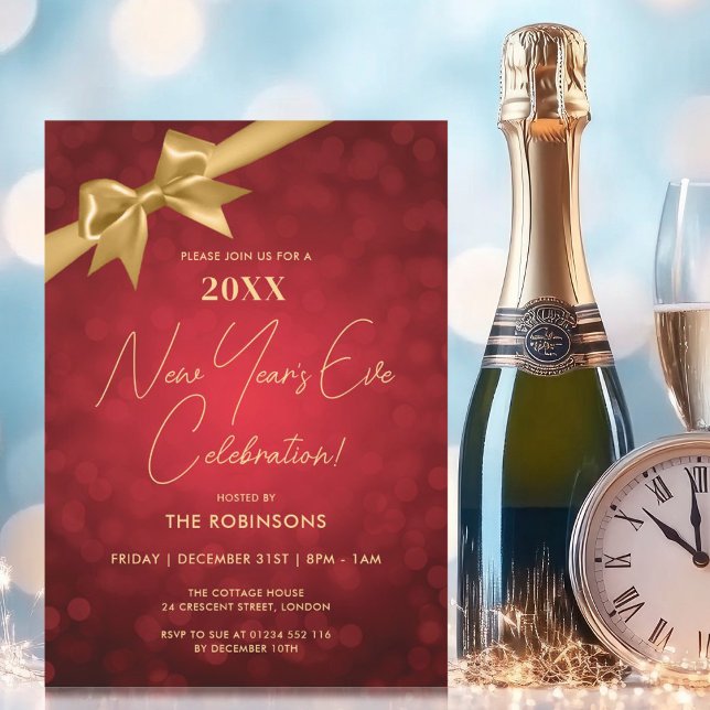 Classy Silvester Party Red Gold Bokeh Bow Einladung (Classy New Years Eve Party Red Gold Bokeh Bow Invitation)
