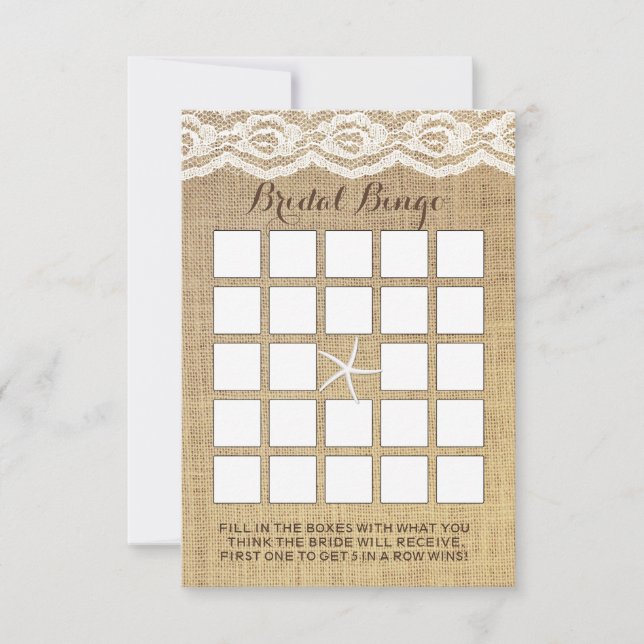 Classy Starfish Lace & Burlap Bridal Bingo Cards (Vorderseite)