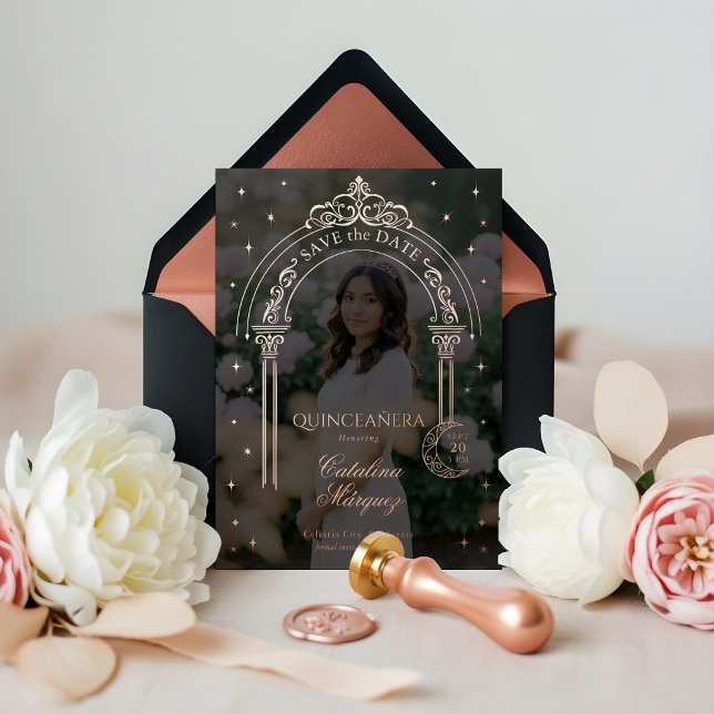 Classy Starry Moon Foto Quinceañera Save the Date Folieneinladung (Classy Starry Moon Photo Quinceañera Save the Date Foil Invitation)