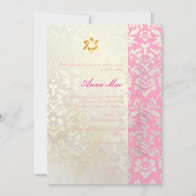 Classy + stilvolle Damask Bat Mitzvah/posh pink Einladung (Vorderseite)