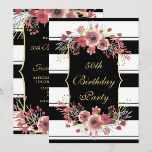 Classy Stripes Floral Wasserfarbe 50. Geburtstag Einladung