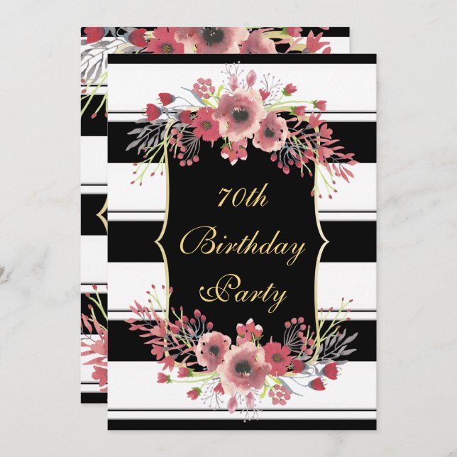 Classy Stripes Floral Wasserfarbe 70. Geburtstag Einladung (Vorne/Hinten)