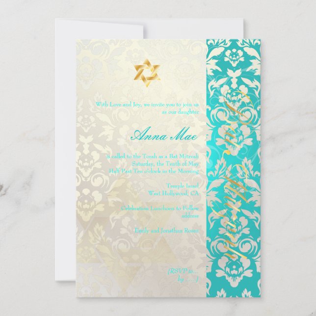 Classy + Stylische Damask Bat Mitzvah/Aquamarine Einladung (Vorderseite)