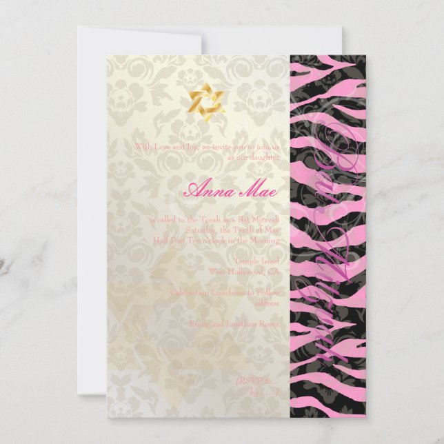Classy + Stylisches Zebra/Damask Bat Mitzvah Einladung (Vorderseite)