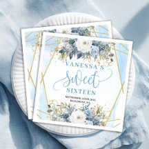 Classy Sweet Sixteen Blue and Gold Greenery Napkin