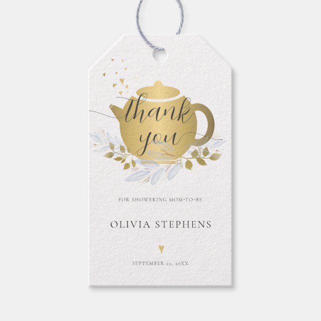 Classy Tee Party Gold Blue Floral Baby Boy Dusche Geschenkanhänger (Vorderseite)