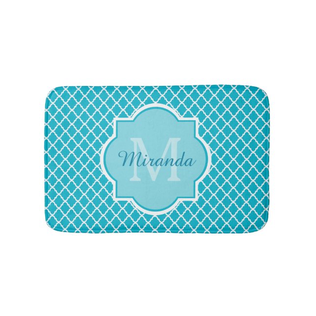 Classy Turquoise Blue Quatrefolie Monogramm und Na Badematte (Vorderseite)