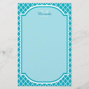 Classy Turquoise Blue Quatrefolie Monogramm und Na Briefpapier