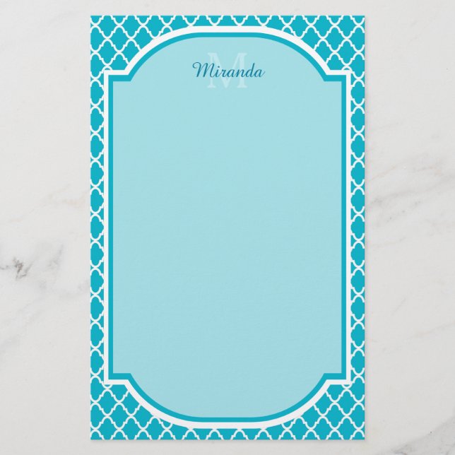 Classy Turquoise Blue Quatrefolie Monogramm und Na Briefpapier (Vorderseite)
