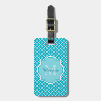 Classy Turquoise Blue Quatrefolie Monogramm und Na Gepäckanhänger