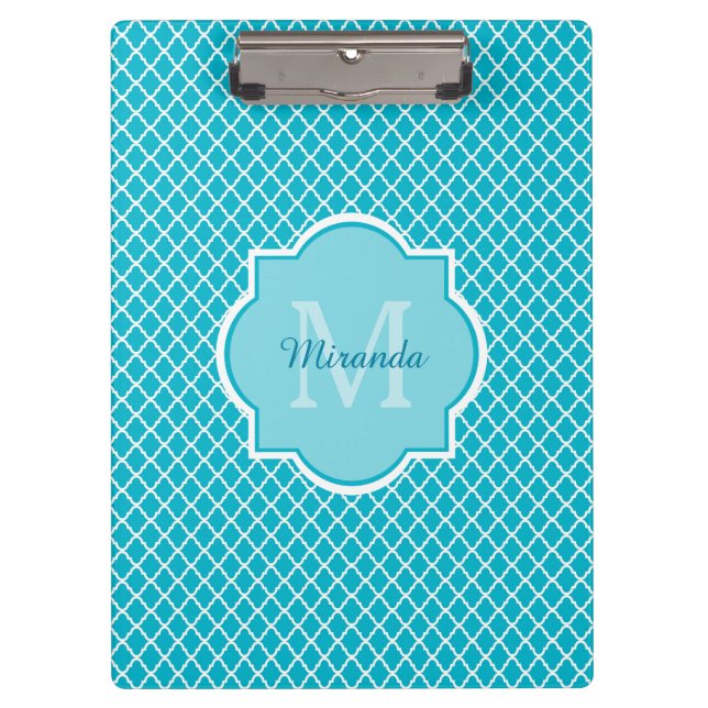 Classy Turquoise Blue Quatrefolie Monogramm und Na Klemmbrett (Vorderseite)