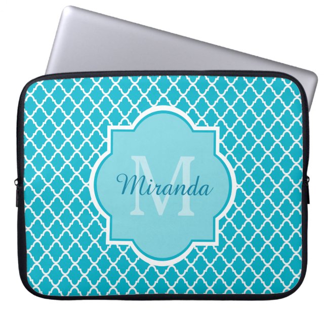Classy Turquoise Blue Quatrefolie Monogramm und Na Laptopschutzhülle (Vorderseite)