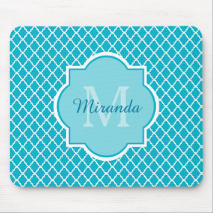 Classy Turquoise Blue Quatrefolie Monogramm und Na Mousepad