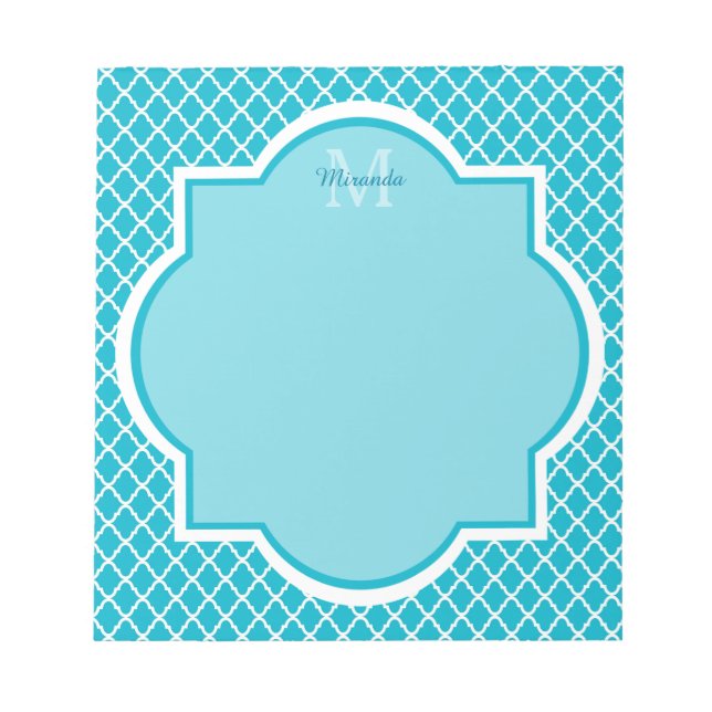 Classy Turquoise Blue Quatrefolie Monogramm und Na Notizblock (Vorderseite)