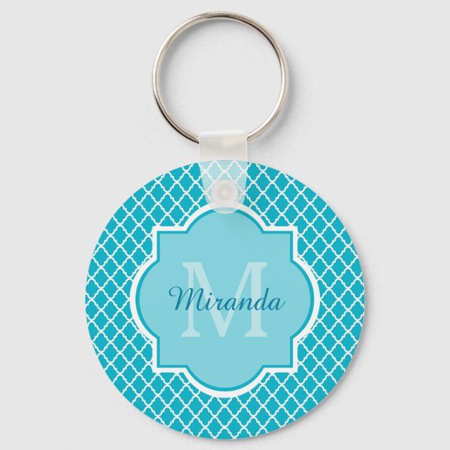 Classy Turquoise Blue Quatrefolie Monogramm und Na Schlüsselanhänger (Vorderseite)