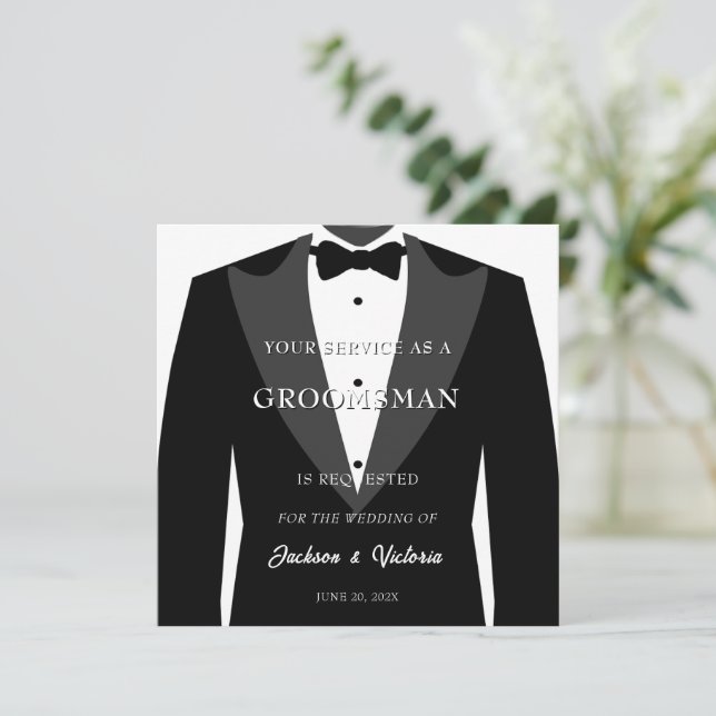 Classy Tuxedo Trauzeuge Einladung (Stehend Vorderseite)