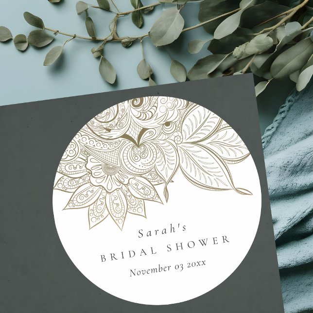 Classy Verziert Paisley Ivory Gold Brautparty Runder Aufkleber (Von Creator hochgeladen)