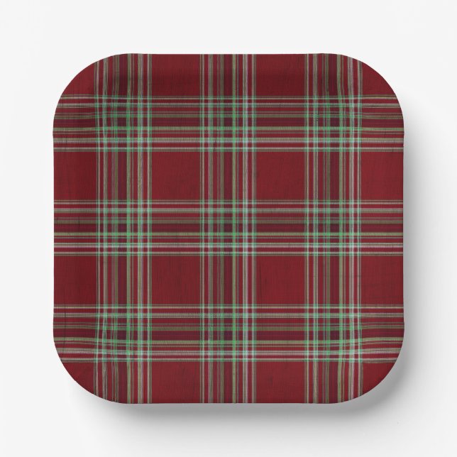 Classy Vintage Red Green Textured Tartan Plaid  Pappteller (Vorderseite)