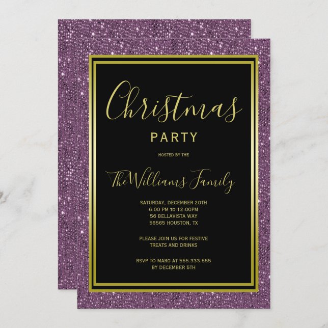 Classy Violet Glitzer, Gold Gerahmtes Weihnachtsfe Einladung (Vorne/Hinten)