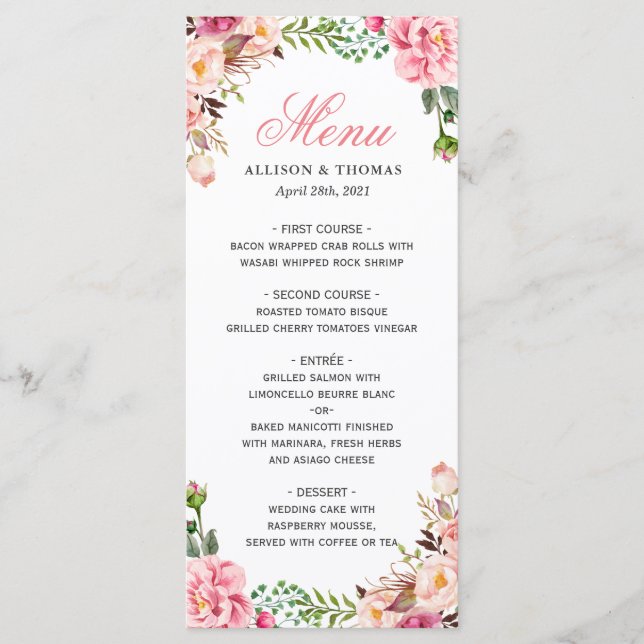 Classy Watercolor Blush Pink Floral Wedding Menükarte (Vorderseite)